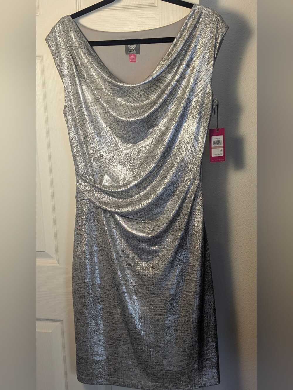 Vince Camuto Silver Metallic Cowl Neck Sheath Dress Size 12 Party
